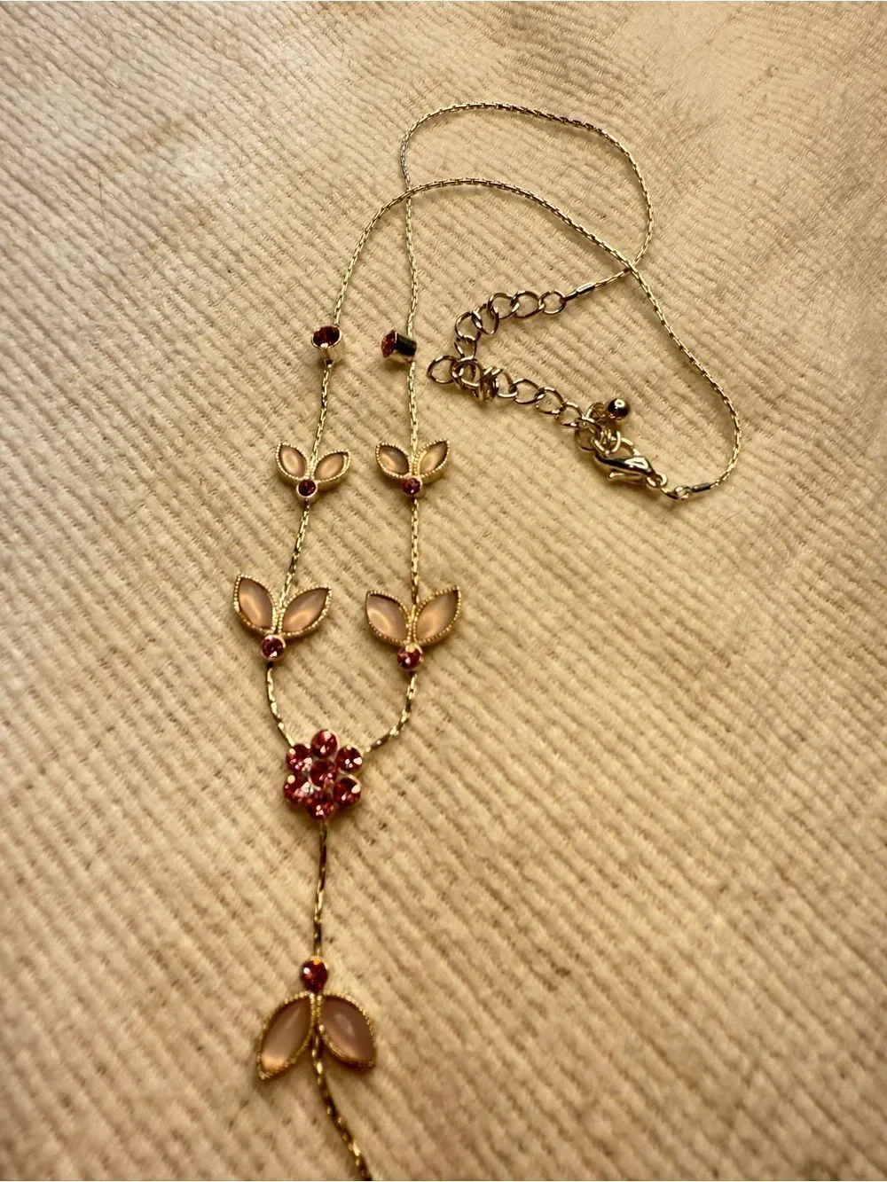 Y2K Pink Sakura Flower and Rhinestone Link Drop Necklace